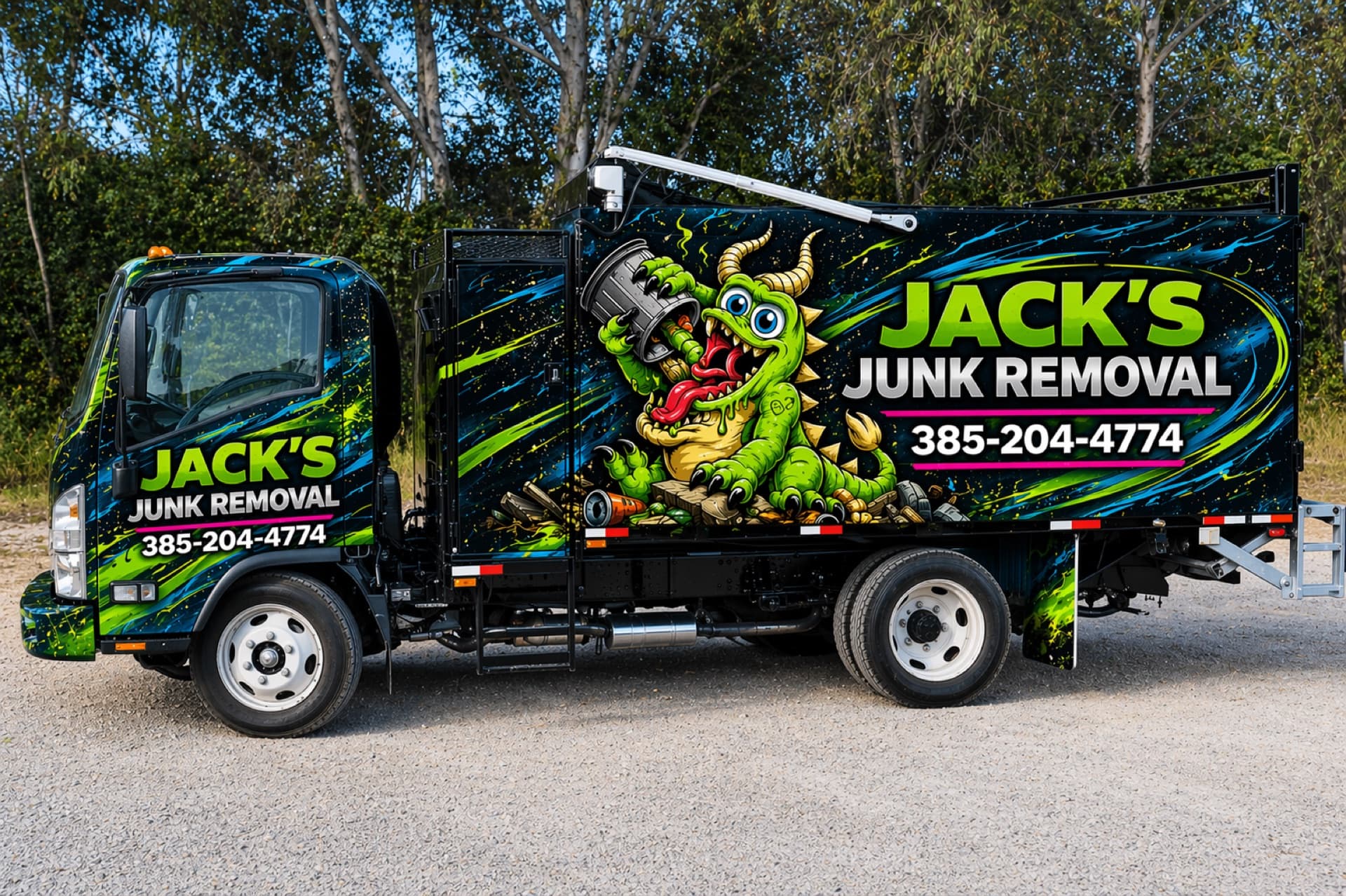 AI-generated concept of a Jack's Junk Removal box truck wrap — green dragon mascot, neon paint splatter background