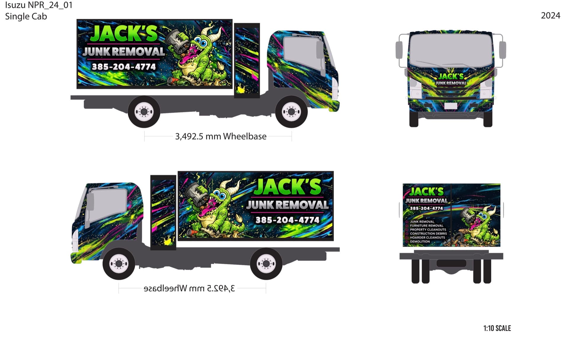 Identity Graphx print-ready spec sheet showing the Jack's Junk Removal wrap mapped onto an Isuzu NPR template in four views